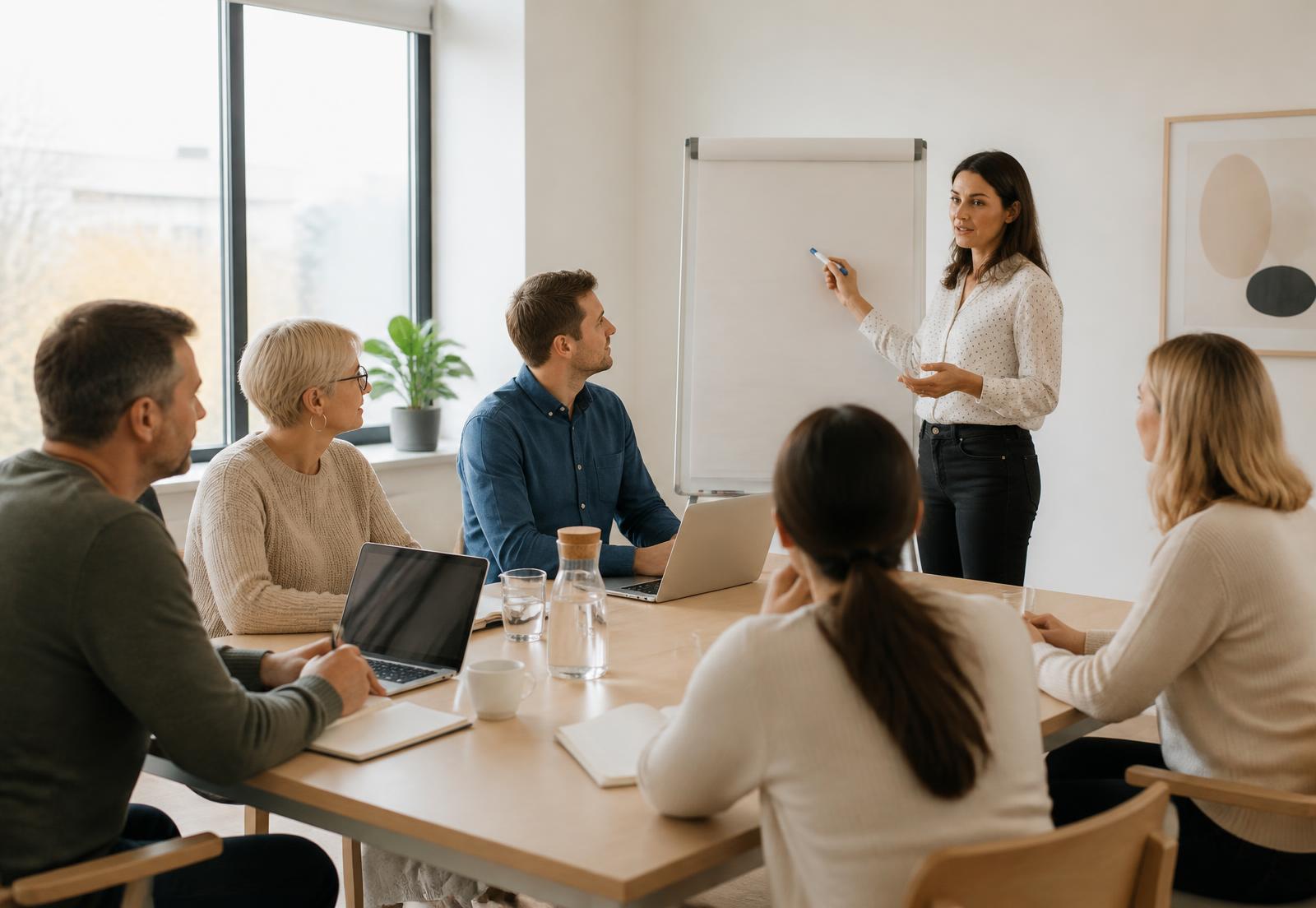 Trainerin erklärt Teilnehmenden einer Immobilien-Weiterbildung Inhalte am Flipchart
